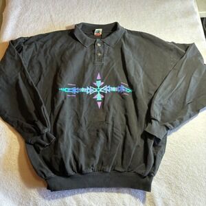 Vintage WEK Men Black Aztec Graphic Long Sleeve Polo Sweatshirt Made in USA XL